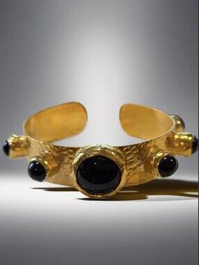 22k Gold Plated Chunky Artisan Genuine Onyx Stone Byzantine Cuff Bracelet